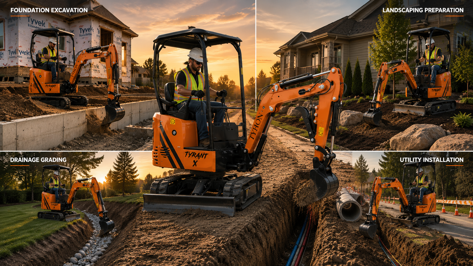 Mini excavator performing utility trenching work