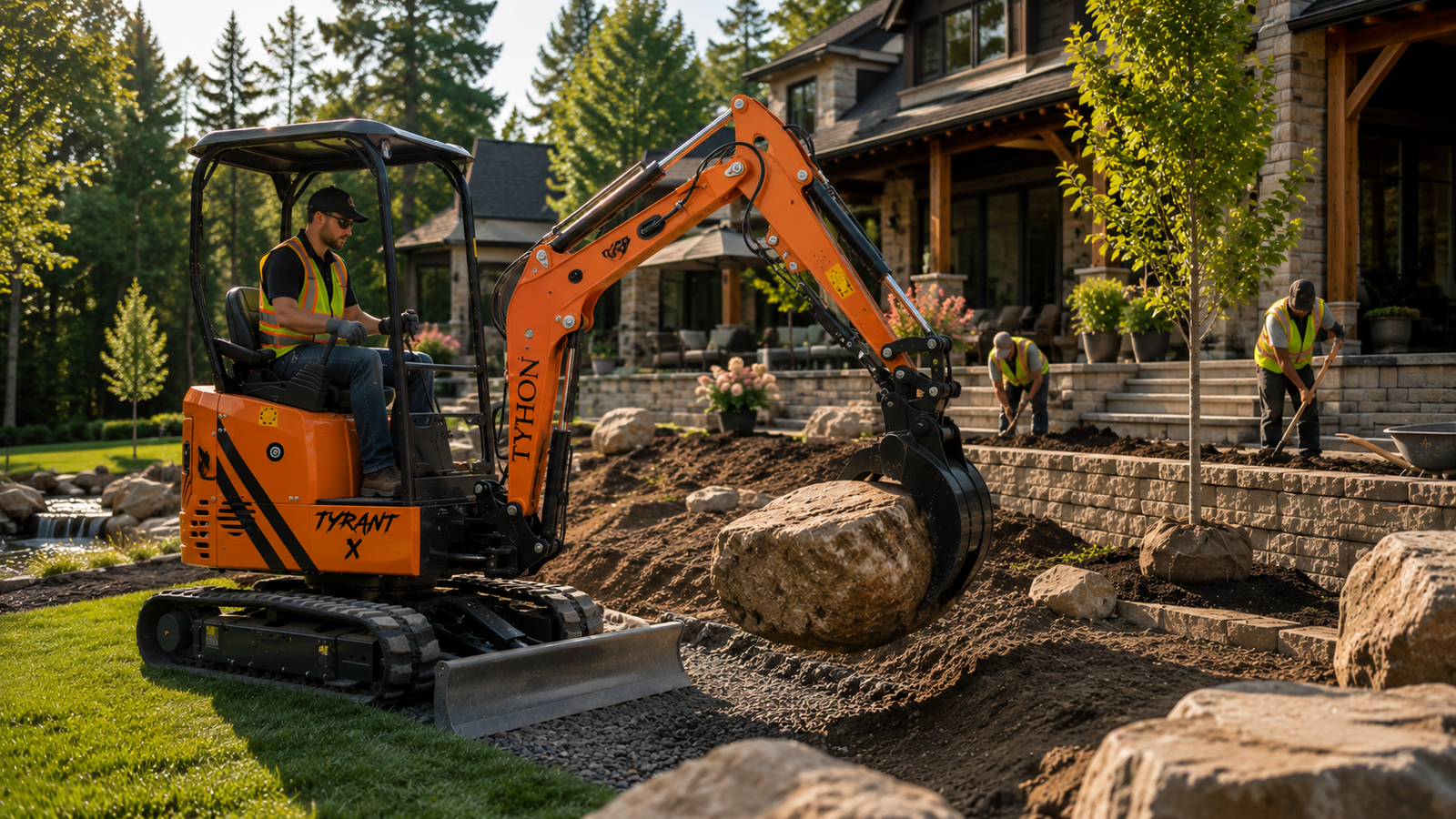 Mini excavator placing landscaping boulders