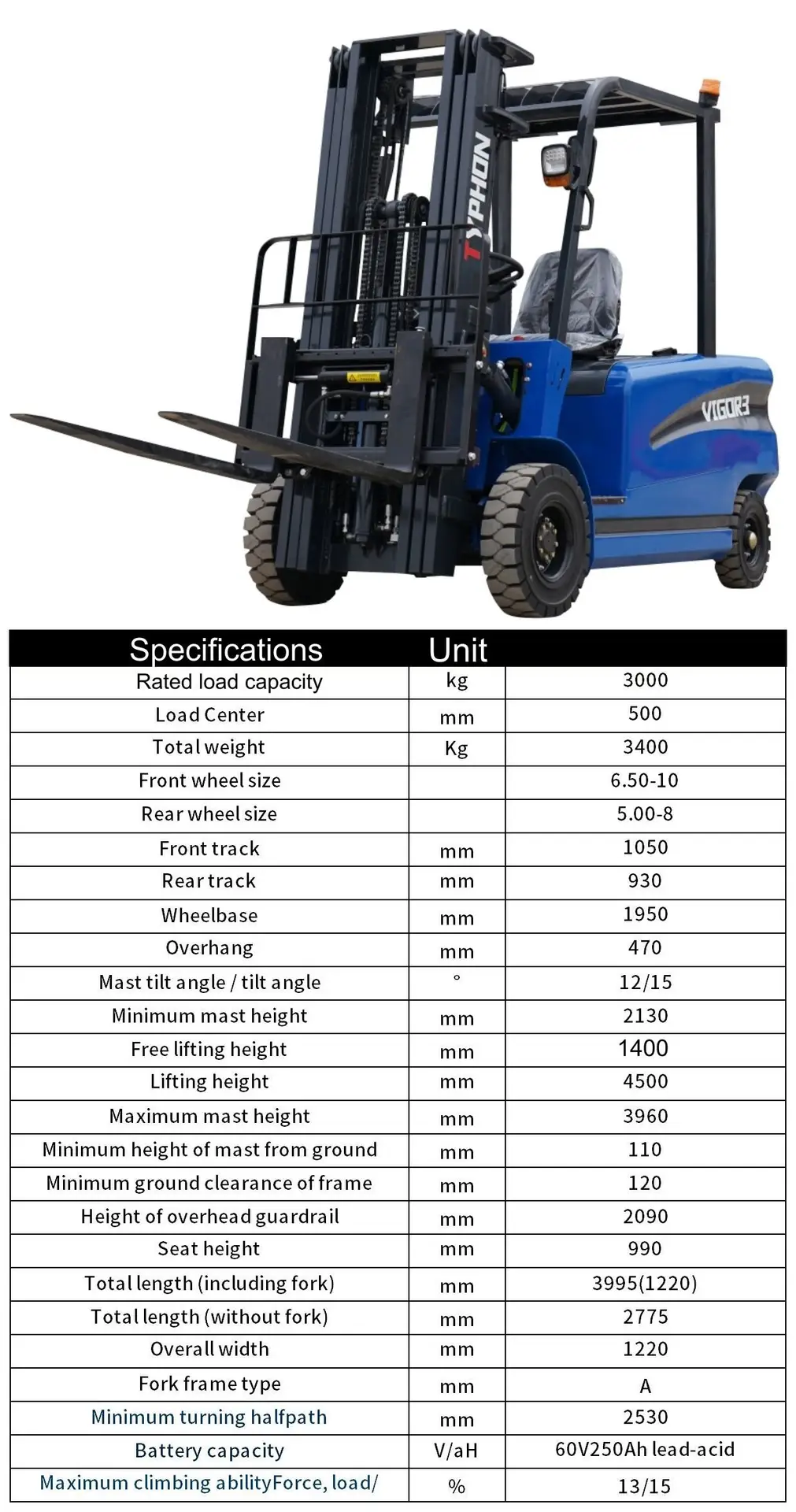 TYPHON VIGOR 3 Ton Blue Forklift