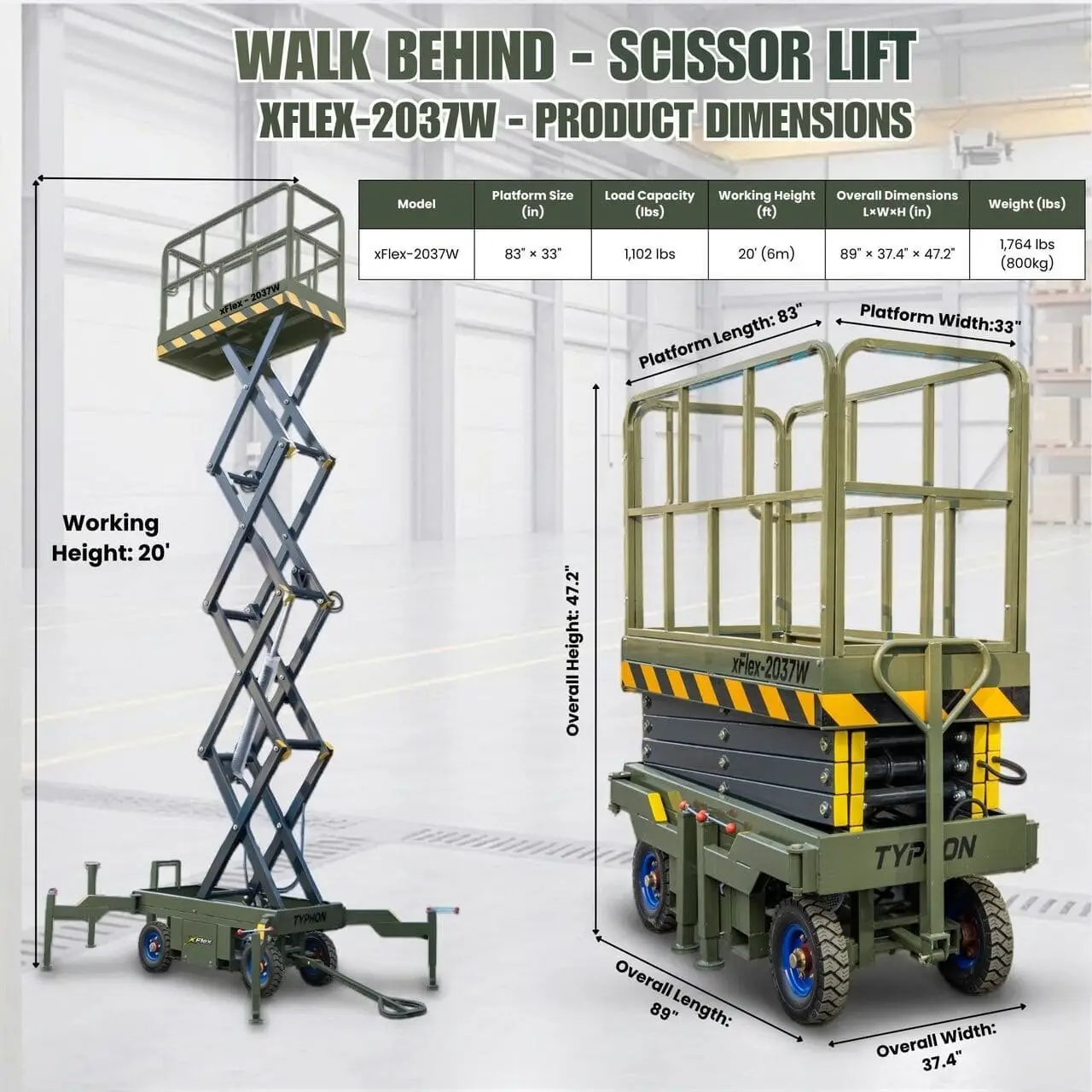 TYPHON xFlex-2037W Walk-Behind Scissor Lift comes with 20ft Working Height and Manual outriggers 1102 lbs load capacity 110V Electric