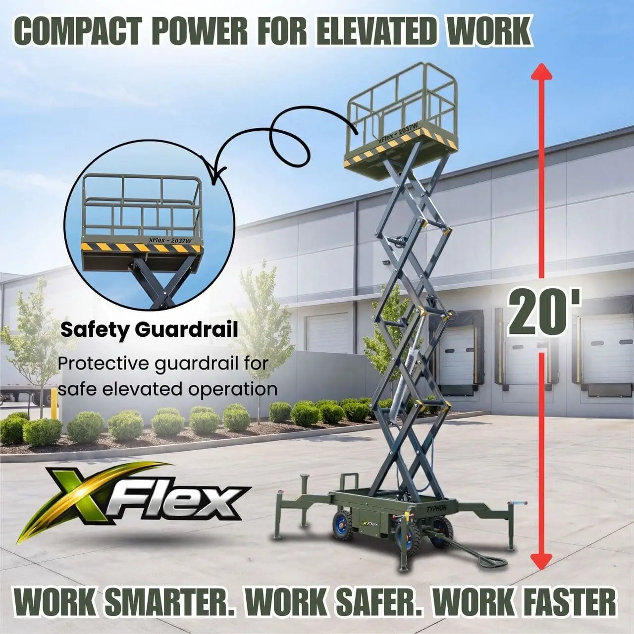 TYPHON xFlex-2037W Walk-Behind Scissor Lift comes with 20ft Working Height and Manual outriggers 1102 lbs load capacity 110V Electric