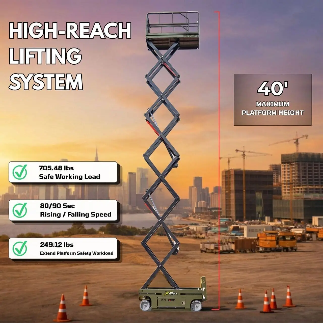 TYPHON xFlex-4046EW Electric Wheel Scissor Lift 2.6 Ton operating weight and 40ft platform height with 705lbs Load Capacity
