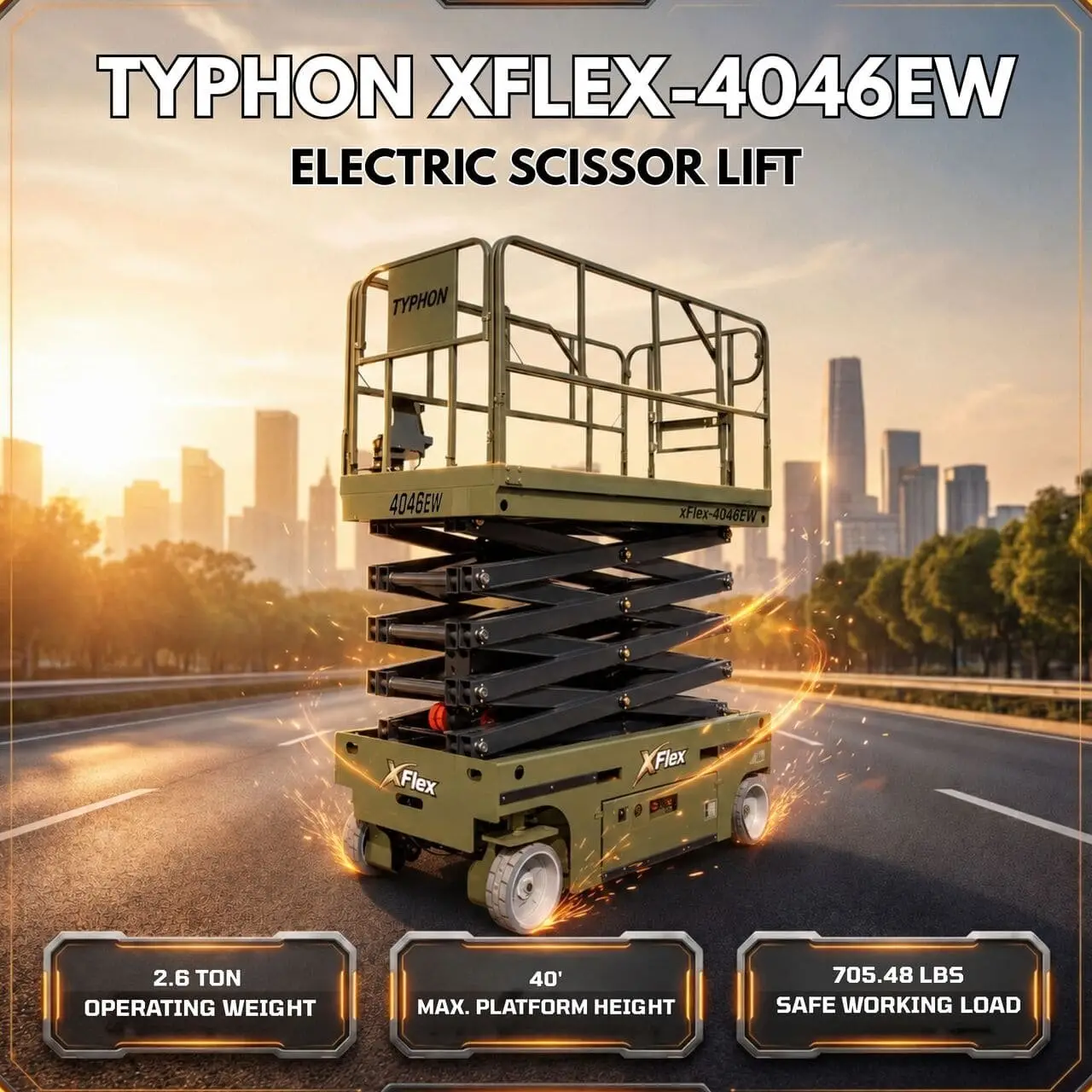 TYPHON xFlex-4046EW Electric Wheel Scissor Lift 2.6 Ton operating weight and 40ft platform height with 705lbs Load Capacity
