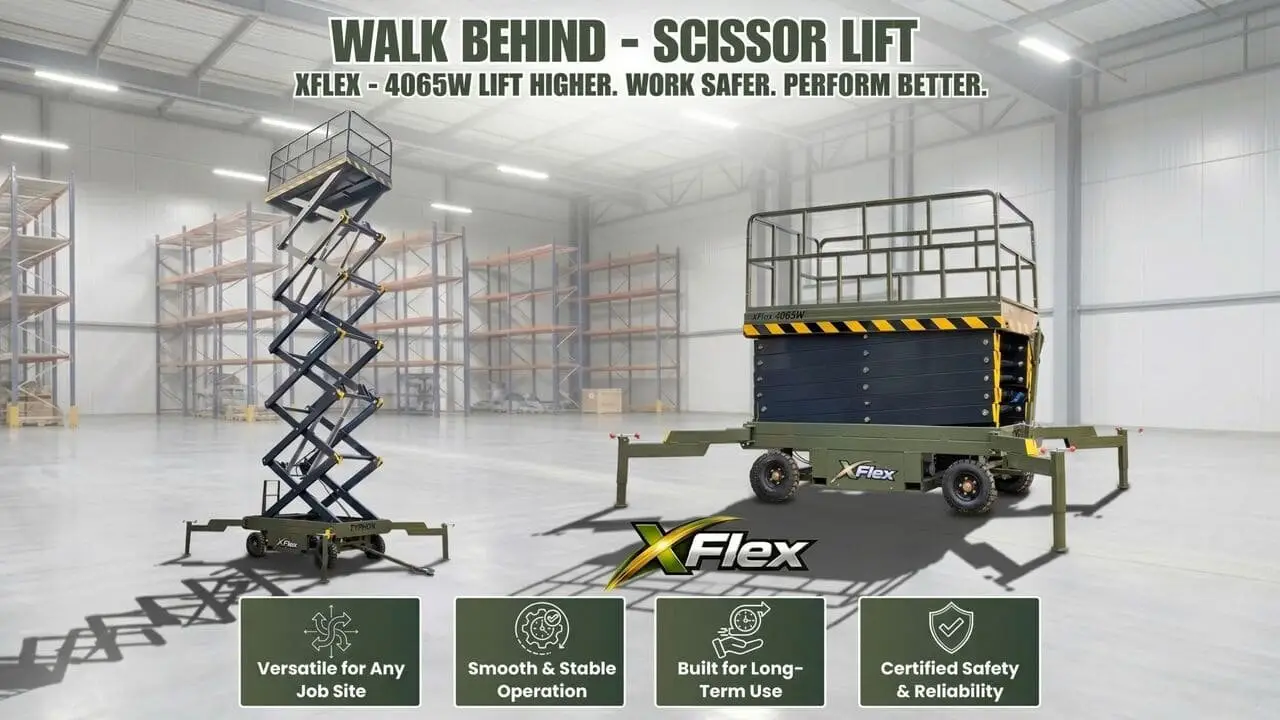 TYPHON xFlex 4065W Walk Behind Scissor Lift 2.7 Ton with Assisted Walking, Manual outriggers of 40 ft lifting Height & 110V Electric