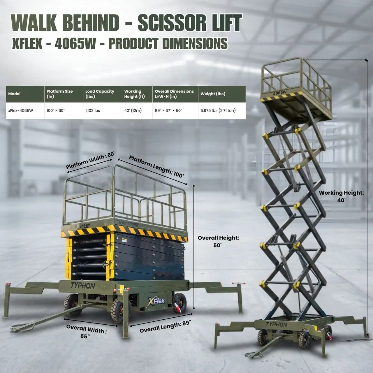 TYPHON xFlex 4065W Walk Behind Scissor Lift 2.7 Ton with Assisted Walking, Manual outriggers of 40 ft lifting Height & 110V Electric