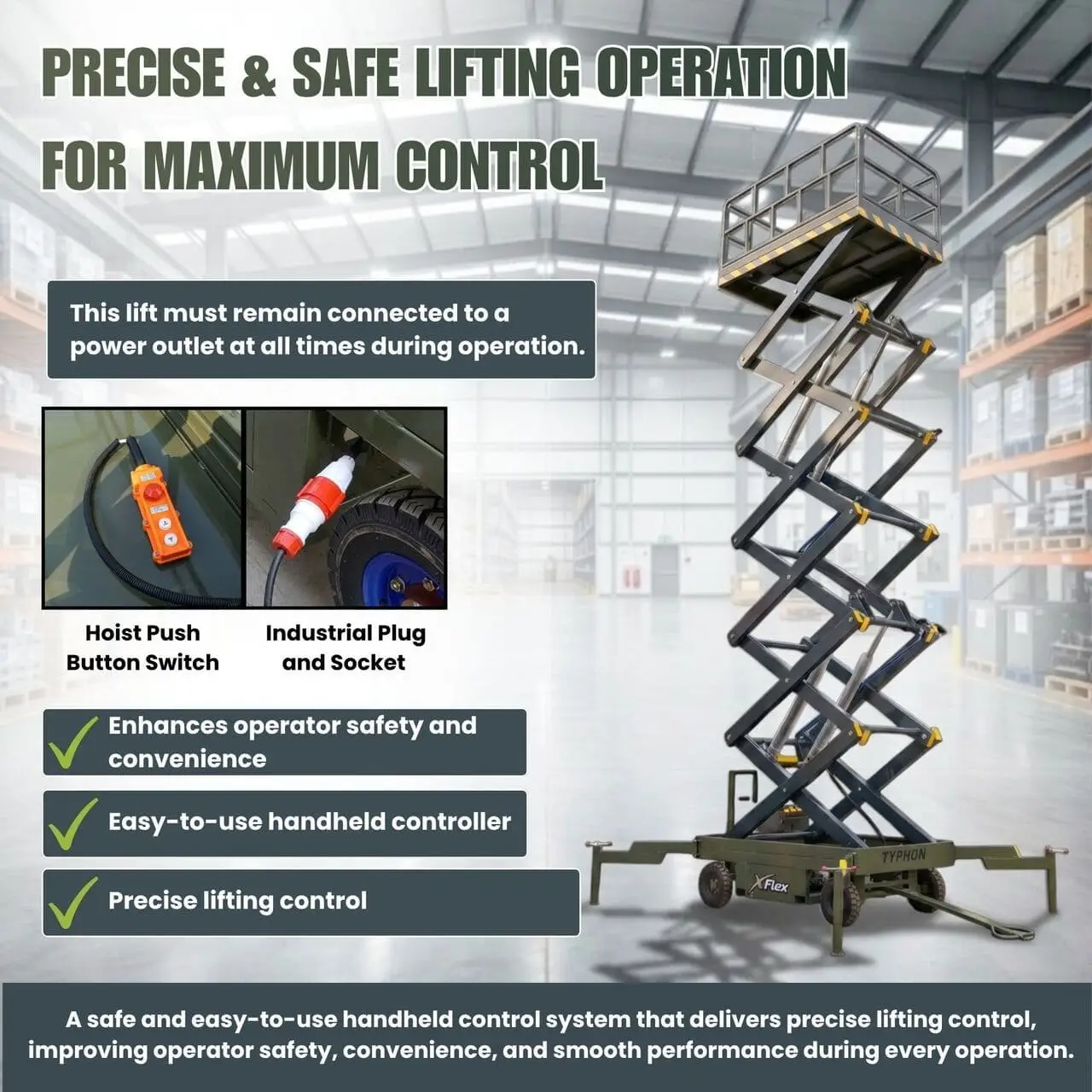TYPHON xFlex 4065W Walk Behind Scissor Lift 2.7 Ton with Assisted Walking, Manual outriggers of 40 ft lifting Height & 110V Electric
