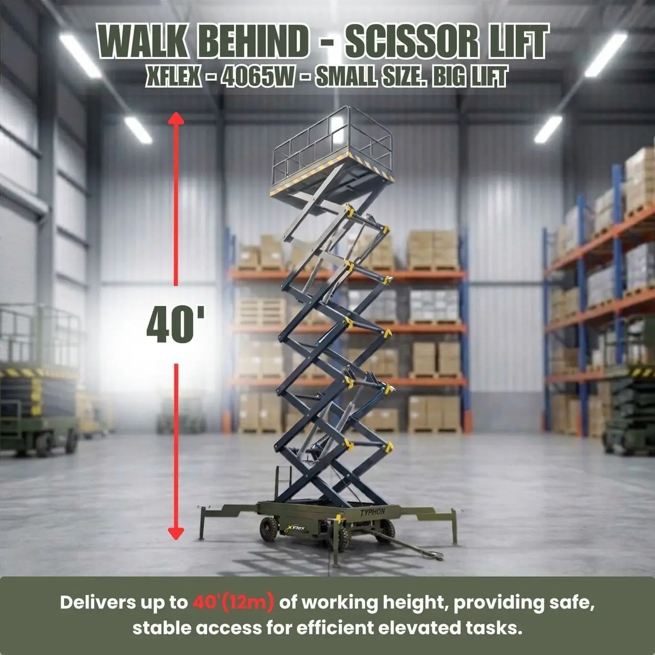TYPHON xFlex 4065W Walk Behind Scissor Lift 2.7 Ton with Assisted Walking, Manual outriggers of 40 ft lifting Height & 110V Electric