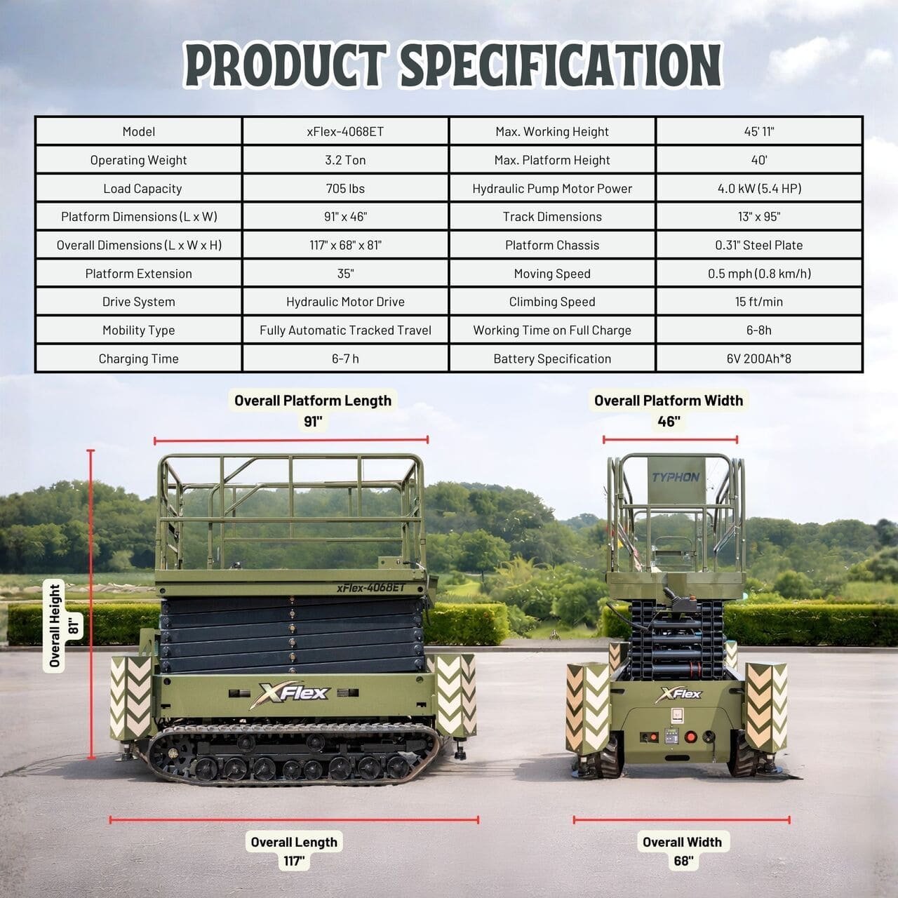 TYPHON xFlex 4068ET Electric Rubber Track Scissor Lift 3.2 Ton with 5.4HP Hydraulic Pump Motor Drive and Hydraulic Lifting Cylinder, 40 ft Max Lifting Height