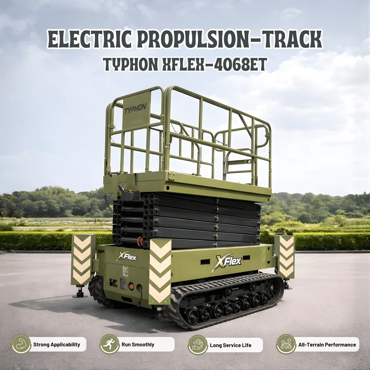 TYPHON xFlex 4068ET Electric Rubber Track Scissor Lift 3.2 Ton with 5.4HP Hydraulic Pump Motor Drive and Hydraulic Lifting Cylinder, 40 ft Max Lifting Height