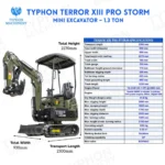 TYPHON TERROR XIII PRO Mini Excavator – 1.3 Ton Trench Digger with Canopy, Hydraulic Thumb Clip, 22.1hp Honda Engine USA