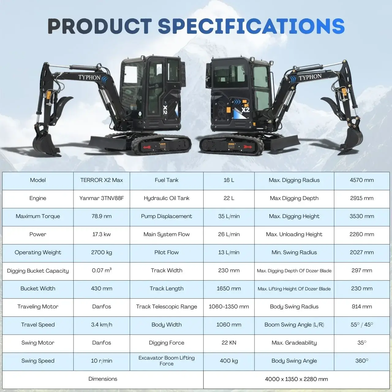 TYPHON TERROR X2 MAX 2.7-Ton Mini Excavator Powerful, Yanmar Engine, Cabin with A/C & Heater, Pilot Control, Boom Swing