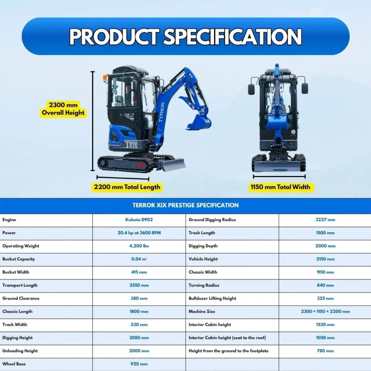 TYPHON TERROR XIX Prestige AC/Heater Cabin Mini Excavator 4200lbs 20.4 HP Kubota D902 with Boom Swing, Retractable Tracks