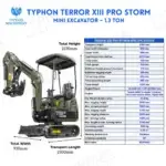 TYPHON TERROR XIII PRO Mini Excavator – 1.3 Ton Trench Digger with Canopy, Hydraulic Thumb Clip, 22.1hp Honda Engine USA