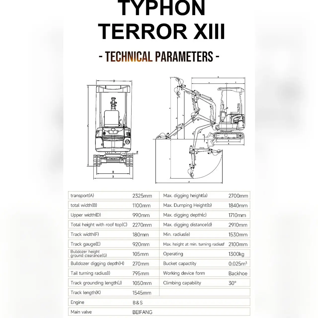 TYPHON TERROR XIII Mini Excavator – 1.3 Ton Trench Digger with Canopy, Hydraulic Thumb Clip, 13.5hp B&S Engine USA