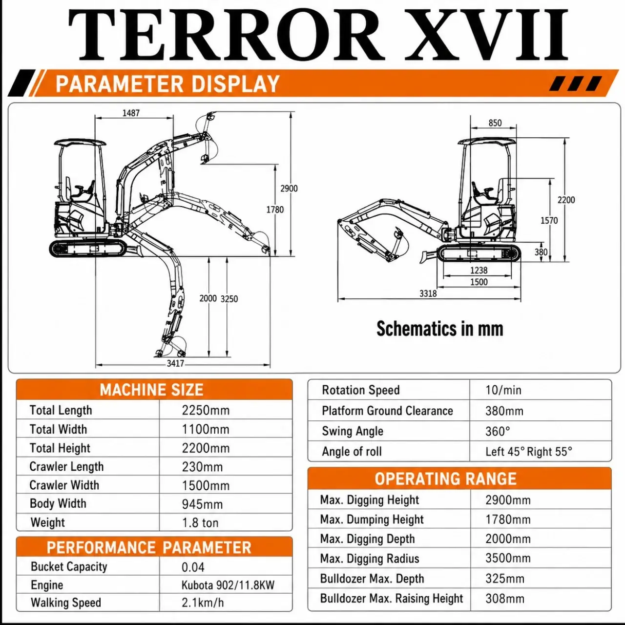 4,000 lb TYPHON TERROR XVII Cabin Mini Excavator Rubber Track with Kubota D902 Diesel Engine USA