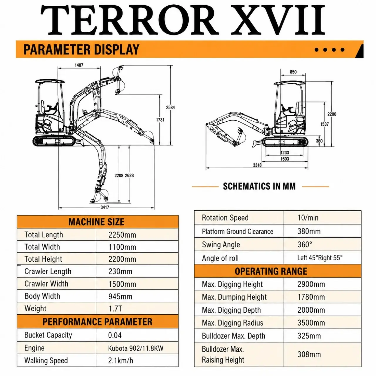 3,800 lb TYPHON TERROR XVII Mini Excavator Rubber Track with Kubota D902 Diesel Engine USA