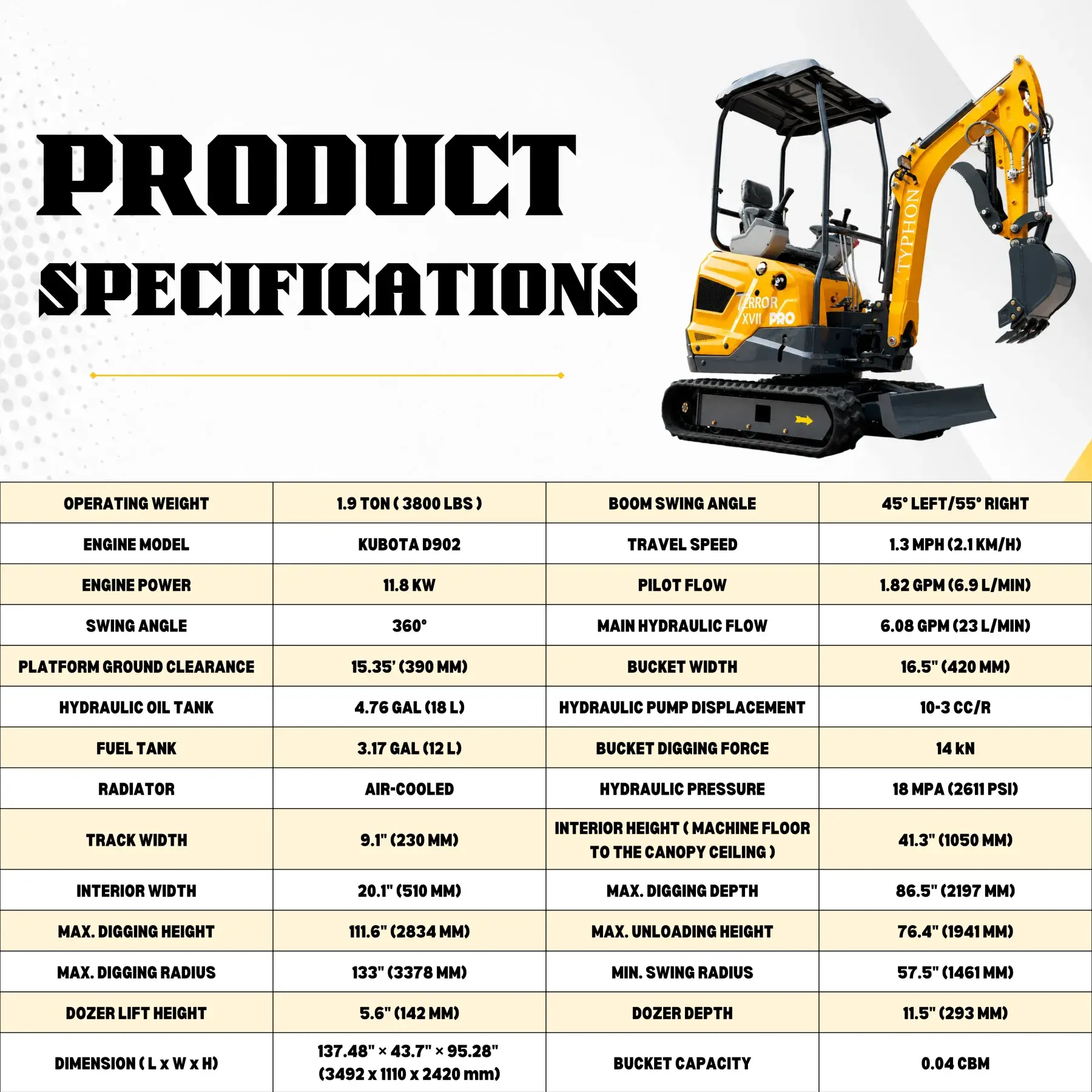 TYPHON TERROR XVII PRO 3800 lb Mini Excavator, Kubota D902 Diesel, Hydraulic Thumb, Pilot Controls, 14kN Dig Force