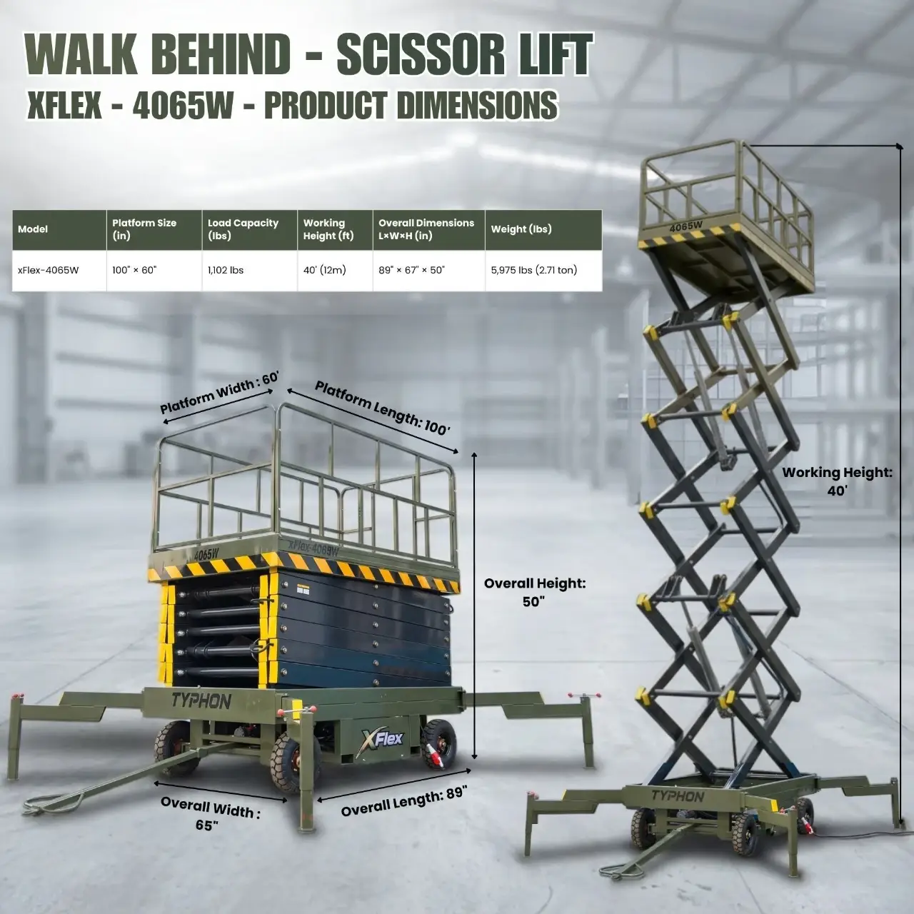 TYPHON xFlex-4065W Walk-Behind Scissor Lift 2.7 Ton with Assisted Walking, Manual outriggers of 40 ft lifting Height & 110V Electric