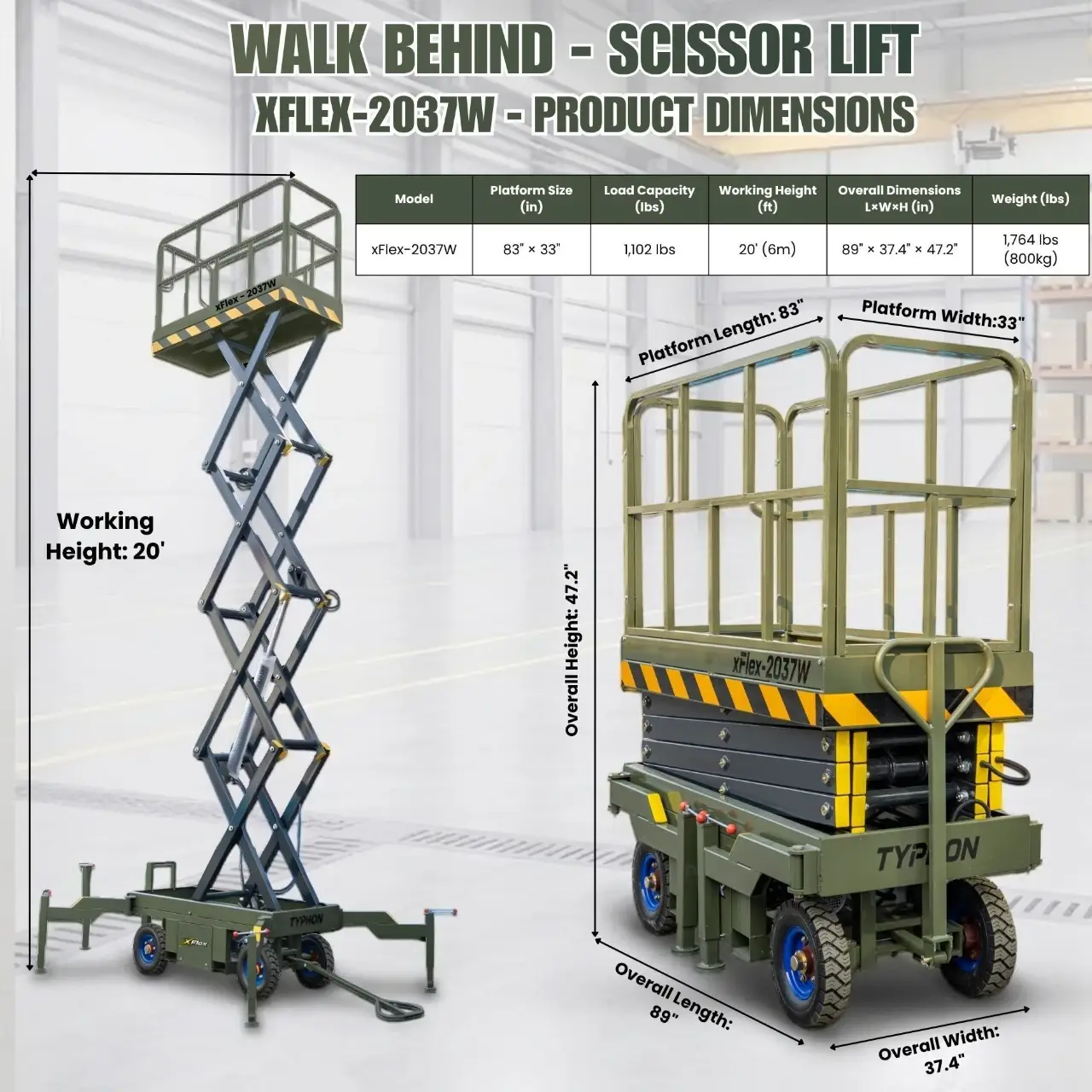 TYPHON xFlex-2037W Walk-Behind Scissor Lift comes with 20ft Working Height and Manual outriggers 1102 lbs load capacity 110V Electric