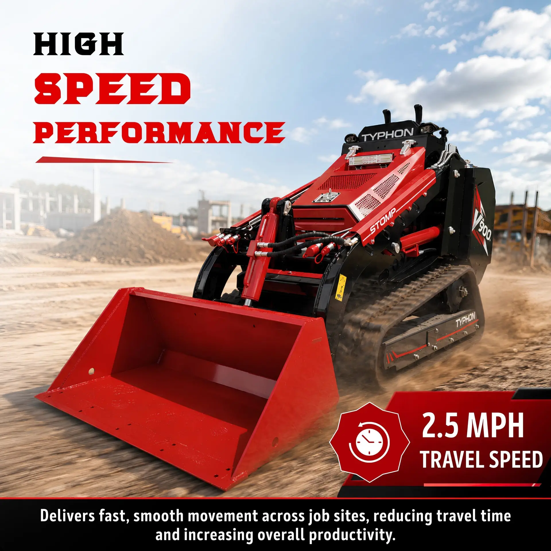 Brand New TYPHON STOMP V900 1.4 Ton Mini Track Loader Featuring Dual Auxiliary Hydraulics & Kubota D1105 25HP USA Engine